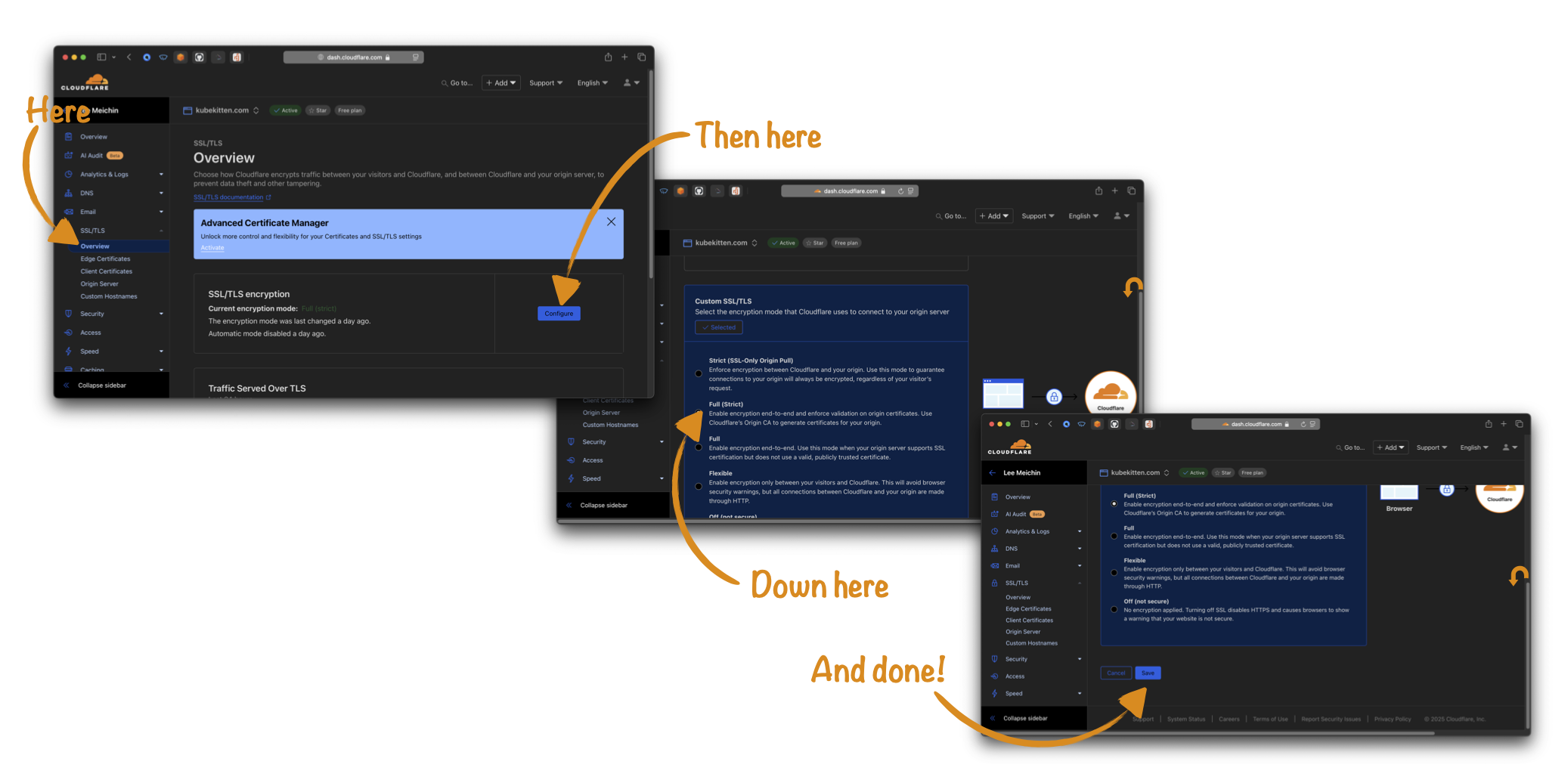 A visual demonstration of enabling Full (Strict) Mode in Cloudflare